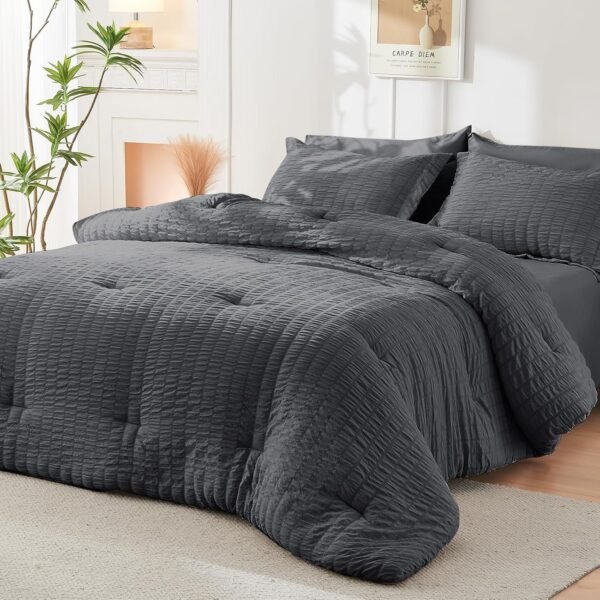 81IU4JePpDL._AC_SL1500_.jpg HYMOKEGE Queen Comforter Set Seersucker 7 Pieces, All Season Luxury Bed in a Bag for Bedroom, Bedding Set with Comforters, Sheets, Pillowcases & Shams, Dark Grey