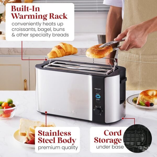 81JIkvqG7xL._AC_SL1500_.jpg Elite Gourmet ECT-3100 Long Slot 4 Slice Toaster, Reheat, 6 Toast Settings, Defrost, Cancel Functions, Built-in Warming Rack, Extra Wide Slots for Bagels & Waffles, Stainless Steel & Black