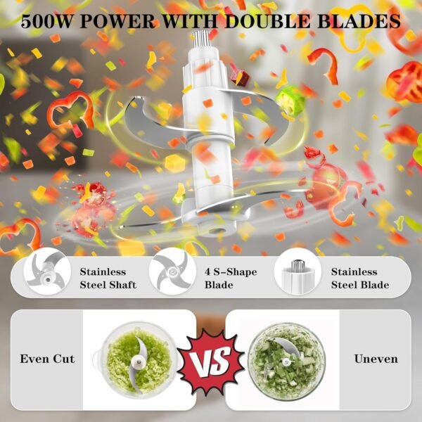 81KC5xcOAPL._AC_SL1500_.jpg KingAcc Food Processor - 500W Powerful Motor Electric Meat Grinder, 2 Stainless Steel Bowls (8 Cup Each) & 2 Blades - Multi-Function Chopper for Meat, Vegetables, Baby Food, Home Kitchen Use