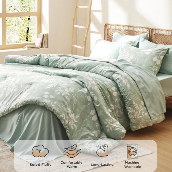 81LVKnpqvpL._AC_SL1500_.jpg Bedsure Queen Comforter Set - 7 Pieces Floral Sage Green Soft Bedding Sets, Queen Bed in a Bag with Botanical Flowers Comforter, Sheets, Pillowcases & Shams