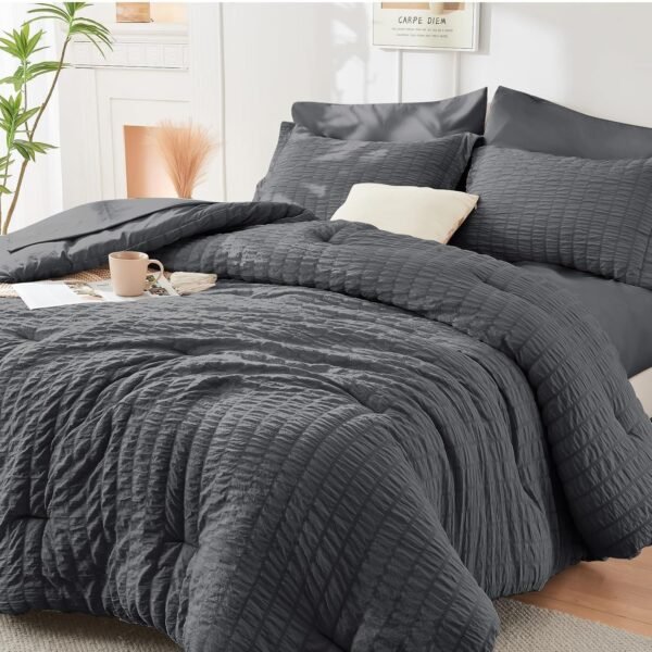 81NPTfKDCdL._AC_SL1500_.jpg HYMOKEGE Queen Comforter Set Seersucker 7 Pieces, All Season Luxury Bed in a Bag for Bedroom, Bedding Set with Comforters, Sheets, Pillowcases & Shams, Dark Grey
