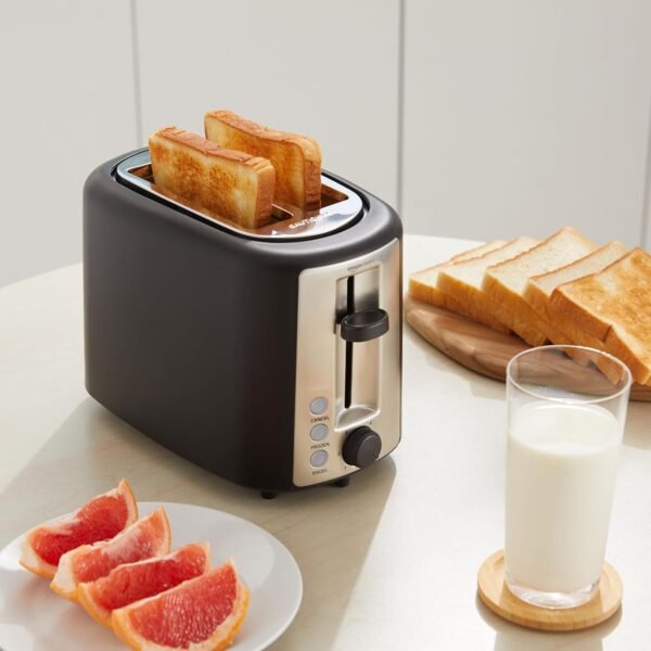 81QsJ096jpL._AC_SL1500_.jpg Amazon Basics 2 Slice Toaster, With 6 Browning Settings, Extra Wide Slots For Bagels and Special Breads, Removable Easy-to-Clean Crumb Tray, Cancel/Defrost/Bagel Buttons, 900W, Black & Silver