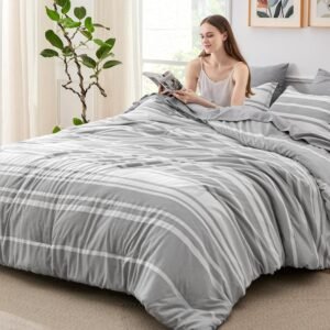 81Qv1lrUFOL._AC_SL1500_.jpg Bedsure Queen Comforter Set 7 Pieces, Grey Striped Bedding Set for Queen Size Bed Reversible, Cationic Dyeing Bed in a Bag with Comforter, Sheets, Pillowcases & Shams