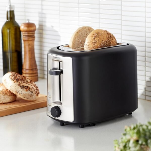 81R4c7AOq5L._AC_SL1500_.jpg Amazon Basics 2 Slice Toaster, With 6 Browning Settings, Extra Wide Slots For Bagels and Special Breads, Removable Easy-to-Clean Crumb Tray, Cancel/Defrost/Bagel Buttons, 900W, Black & Silver