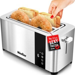 81RiMrkwHpL._AC_SL1500_.jpg Mueller UltraToast Full Stainless Steel Toaster 4 Slice, Long Extra-Wide Slots for Bagels and Waffles, 6 Browning Levels, LED Display, Cancel/Defrost/Reheat Functions & Removable Tray, Kitchen Gadgets