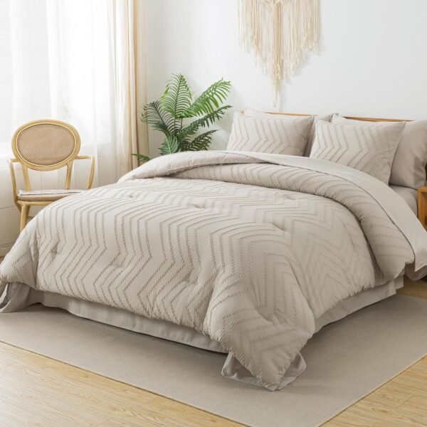 81TgY-Lsk6L._AC_SL1500_.jpg Litanika Comforter King Size Set with Sheets Beige - 7 Pieces Bed in a Bag King Chevron Tufted Complete Beddding Sets with Comforter, Sheets, Pillowcases & Shams
