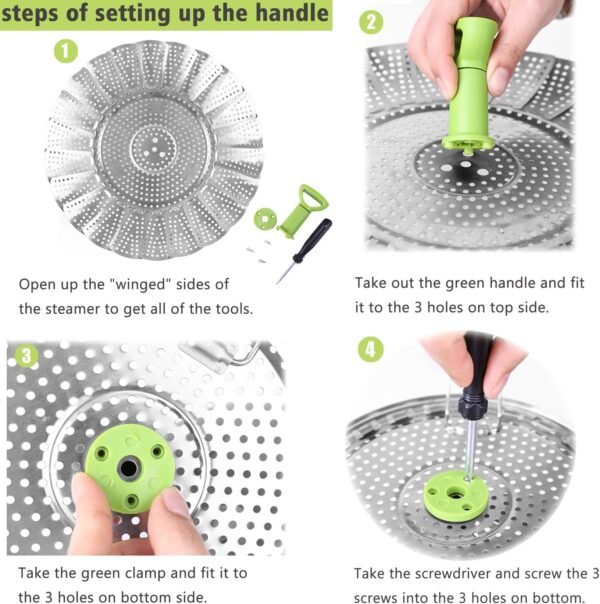 81XlgcUx9nL._AC_SL1500_.jpg Consevisen Vegetable Steamer Basket for Cooking Food, Stainless Steel Veggie Steam Basket for Pot, Folding Expandable Steaming Insert with Extendable Handle Fits Various Size Pot, 5.1" to 9"