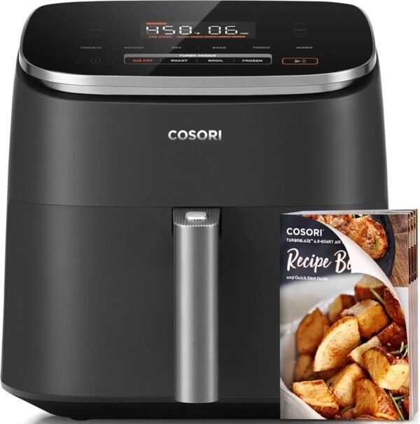 81YlVdZBmaL._AC_SL1500_.jpg COSORI Air Fryer 9-in-1, Compact & Large 6-Qt, Fast Turbo Modes, 90°–450°F Even Results With Precise Temperature Control, Up to 95% Less Oil*, Roast, Bake, Dry, Reheat, Frozen, Broil, Proof, Grey