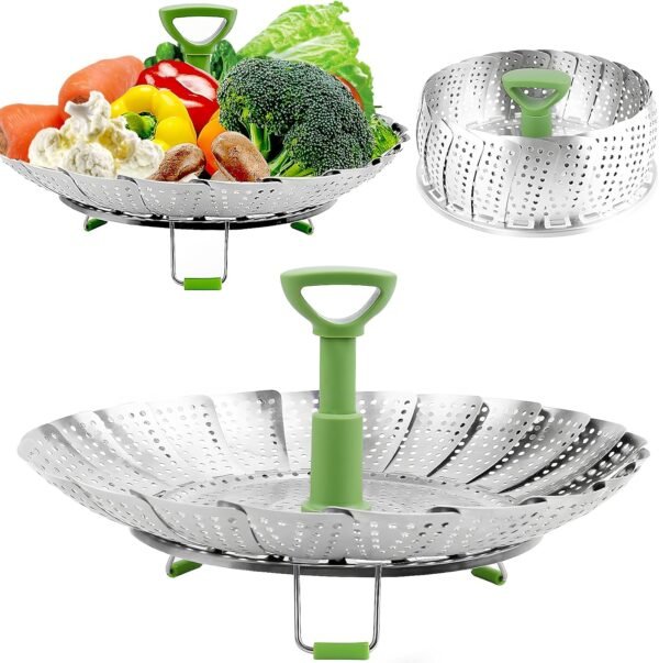 81aDyhGjfKL._AC_SL1500_.jpg Consevisen Vegetable Steamer Basket for Cooking Food, Stainless Steel Veggie Steam Basket for Pot, Folding Expandable Steaming Insert with Extendable Handle Fits Various Size Pot, 5.1" to 9"
