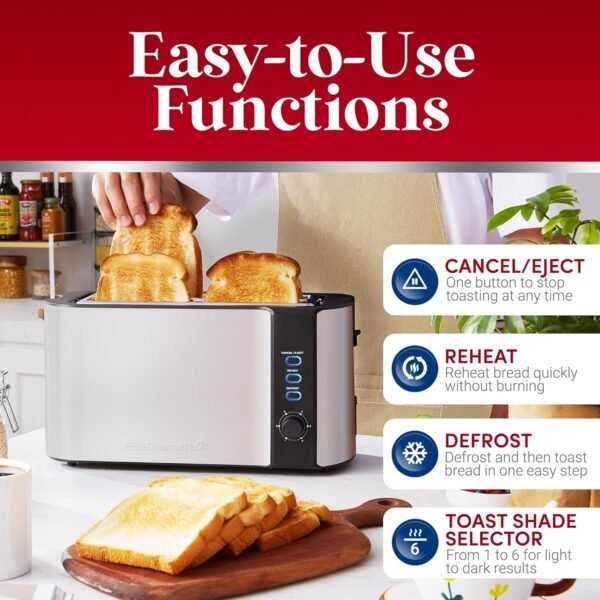 81qZX8LdYTL._AC_SL1500_.jpg Elite Gourmet ECT-3100 Long Slot 4 Slice Toaster, Reheat, 6 Toast Settings, Defrost, Cancel Functions, Built-in Warming Rack, Extra Wide Slots for Bagels & Waffles, Stainless Steel & Black