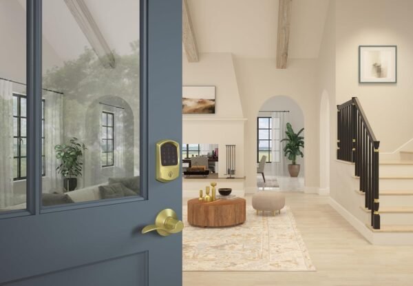 Schlage Encode Smart WiFi Deadbolt Lock for Front Door - Keyless Entry with App or Touchscreen - Works with Alexa, Apple HomeKit, Hey Google, & Airbnb - Create Codes for Guests - Satin Brass Gold