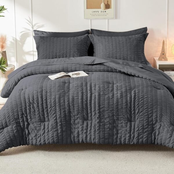 81s0WIdNPAL._AC_SL1500_.jpg HYMOKEGE Queen Comforter Set Seersucker 7 Pieces, All Season Luxury Bed in a Bag for Bedroom, Bedding Set with Comforters, Sheets, Pillowcases & Shams, Dark Grey