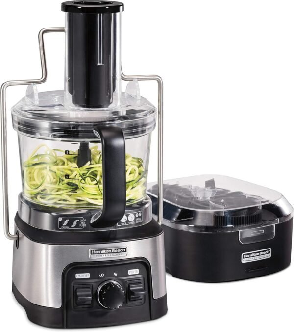 81t2FJHC2TL._AC_SL1500_.jpg Hamilton Beach Professional Stack & Snap Food Processor & Veggie Spiralizer for Slicing, Shredding and Kneading, Extra-Large 3" Feed Chute Fits Whole Vegetables, 12 Cups, Stainless Steel (70815)