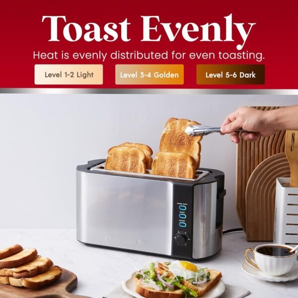 81wFABM7ZxL._AC_SL1500_.jpg Elite Gourmet ECT-3100 Long Slot 4 Slice Toaster, Reheat, 6 Toast Settings, Defrost, Cancel Functions, Built-in Warming Rack, Extra Wide Slots for Bagels & Waffles, Stainless Steel & Black