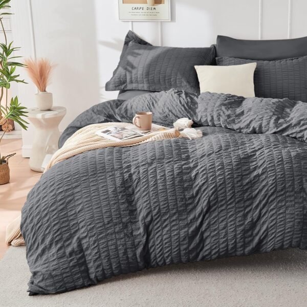 81zxQ0An6rL._AC_SL1500_.jpg HYMOKEGE Queen Comforter Set Seersucker 7 Pieces, All Season Luxury Bed in a Bag for Bedroom, Bedding Set with Comforters, Sheets, Pillowcases & Shams, Dark Grey