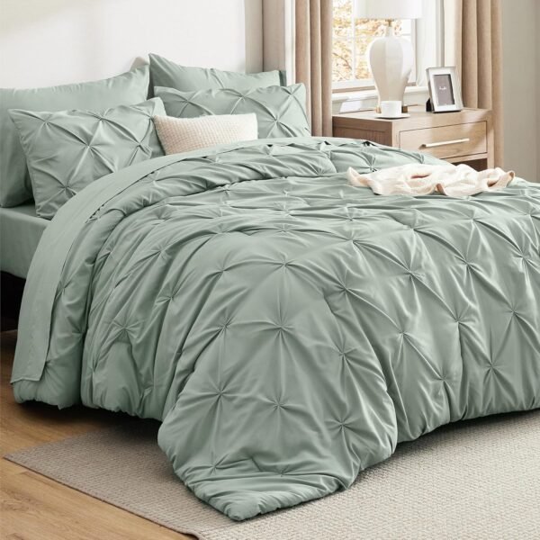 Bedsure King Size Comforter Set Sage Green - Bed in a Bag King Size 7 Pieces, GentleSoft™ Pintuck Bed Set Gift for Family, Pinch Pleat Sage Green Comforter with Sheets, Pillowcases & Shams