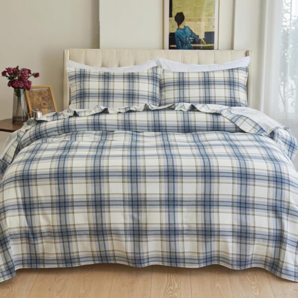 91NkM36Wq7L._AC_SL1500_.jpg Elegant Comfort Soft 4-Piece 100% Turkish Cotton Flannel Sheet Set - Premium Quality, Deep Pocket Fitted Sheet, Ultra Soft, Cozy Warm Flannel Sheets - Queen, Plaid-Navy/Aqua