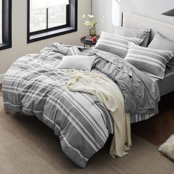 91X5dzMevOL._AC_SL1500_.jpg Bedsure Queen Comforter Set 7 Pieces, Grey Striped Bedding Set for Queen Size Bed Reversible, Cationic Dyeing Bed in a Bag with Comforter, Sheets, Pillowcases & Shams