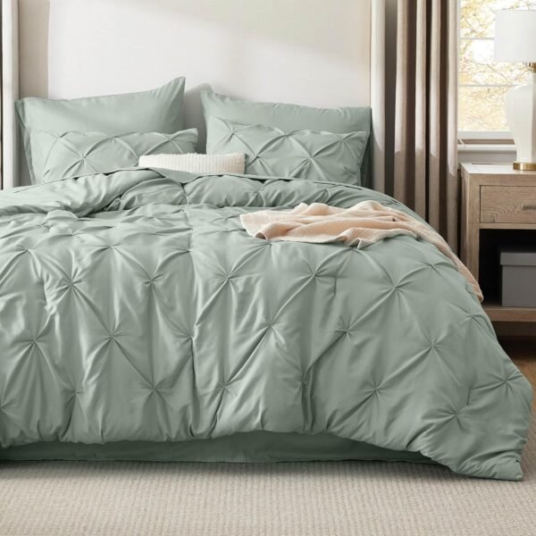 Bedsure King Size Comforter Set Sage Green - Bed in a Bag King Size 7 Pieces, GentleSoft™ Pintuck Bed Set Gift for Family, Pinch Pleat Sage Green Comforter with Sheets, Pillowcases & Shams