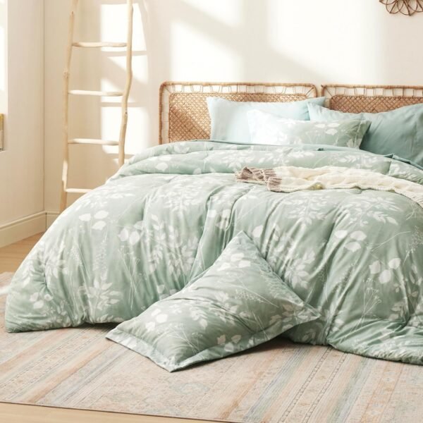 91iW4FO4J4L._AC_SL1500_.jpg Bedsure Queen Comforter Set - 7 Pieces Floral Sage Green Soft Bedding Sets, Queen Bed in a Bag with Botanical Flowers Comforter, Sheets, Pillowcases & Shams