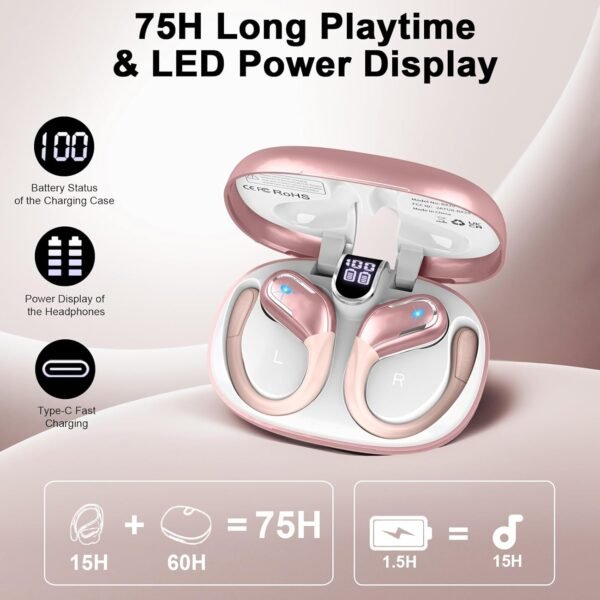 71jhTxAXr0L._AC_SL1500_.jpg Wireless Earbud, Bluetooth 5.4 Headphones 75Hrs Playtime, 2025 Bluetooth Earbuds Deep Bass Noise Cancelling Mic, Ear Buds with Sport Earhooks, IP7 Waterproof Wireless Earphones for Workout/Running/Gym